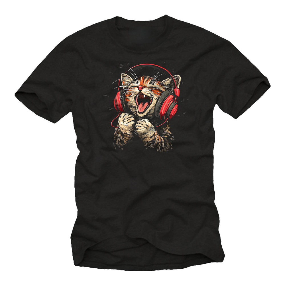 T Shirt With Cat Wearing Headphones,